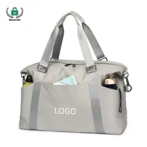 Lightweight Large-Capacity Travel Tote in light gray with gray straps, front pocket, and visible contents. "LOGO" displayed—perfect for ODM/OEM customization.