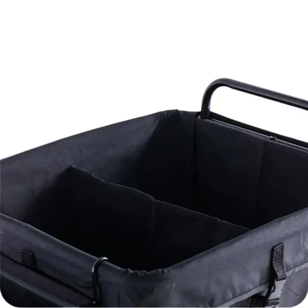 Close-up of an empty Hotel-Style Wheeled Laundry Hamper with a black fabric bin, metal frame, and handles—ideal for OEM or ODM customization.