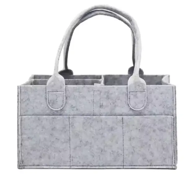 The Multi-Compartment Felt Storage Tote in light gray features handles and multiple pockets, shown on a white background. OEM and ODM customization options are available to meet your specific requirements.