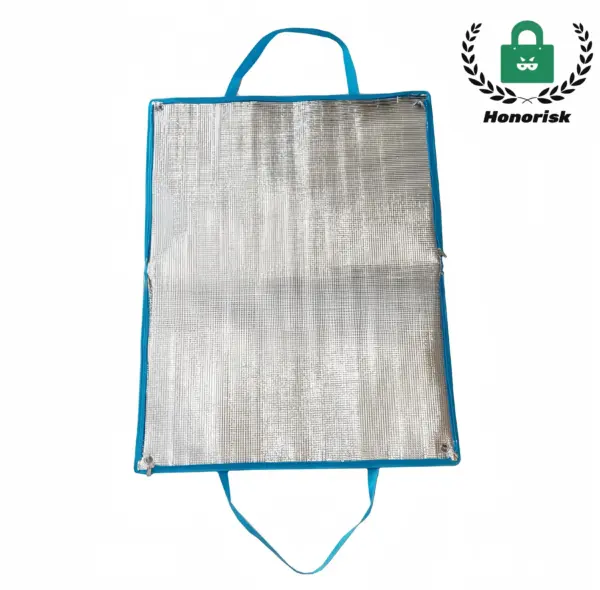 Foldable waterproof picnic bag with buckle closure, silver with blue edges and handles, Honorisk logo in the top right corner. OEM and ODM customization available.