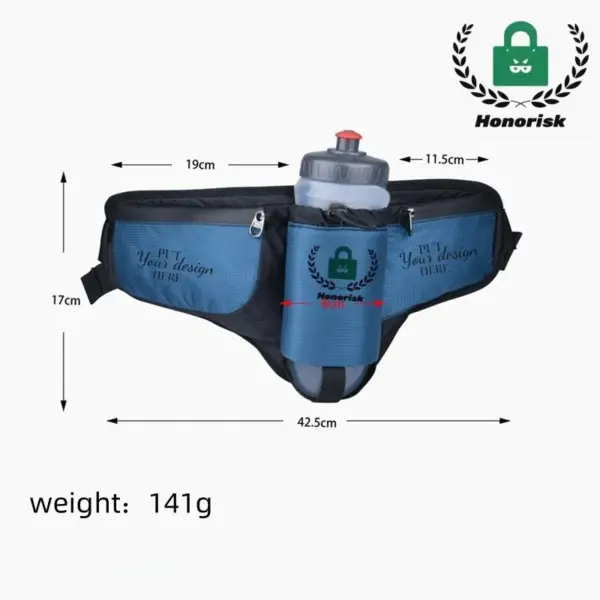 Nylon Sportsgurt mat Fläschhalter, featuring the "Honorisk" logo an Label Dimensiounen; weien 141g. Verfügbar fir Oem an ODM Personnalisatioun.