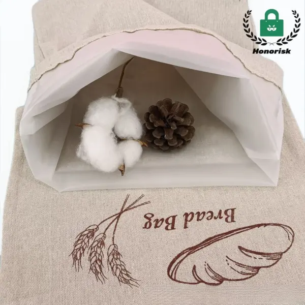 The Cotton Bread Drawstring Shopping Bag features wheat and bread illustrations, is suitable for OEM ODM, and can hold items like cotton bolls and pine cones.