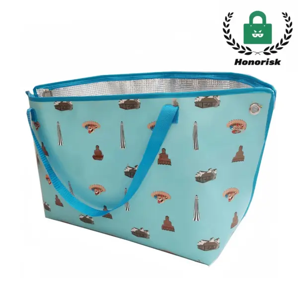 Light blue foldable waterproof picnic bag with buckle closure, blue handles, and travel-themed design, featuring the Honorisk logo at the top right. OEM & ODM available for custom branding.