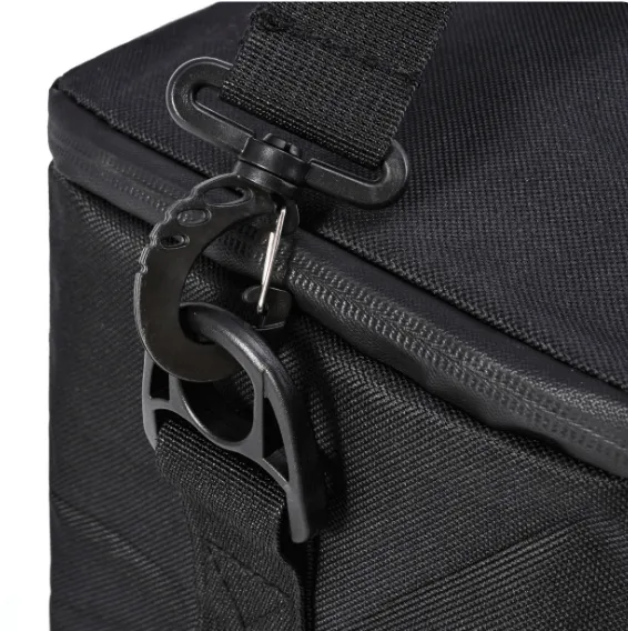 Close-up of the Waterproof Large Capacity Camera Support & Light Stand Carry Bag in black, highlighting a plastic clip that securely attaches the strap to the zipper area.