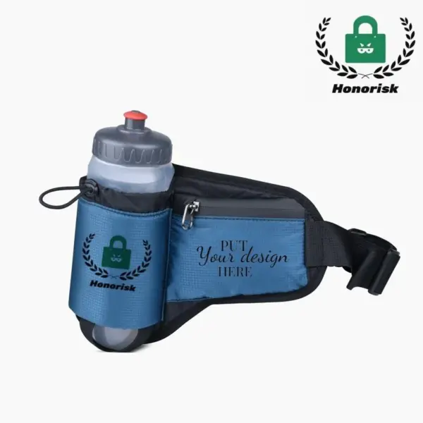 Nylon Sports Belt with Bottle Holder featuring a zippered pocket and "Honorisk" Logo-Logo's. OEM / ODM Optiounen verfügbar a Raum fir Ären personaliséierten Design.