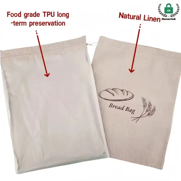 Two reusable Cotton Bread Drawstring Shopping Bags labeled "Food grade TPU" and "Natural Linen," shown with red arrows and text, ideal for OEM/ODM customization.
