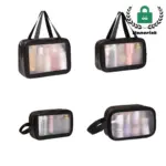 Quatre bosses de vàter transparents de PVC amb vores negres de mides variades, farcit d’ampolles; Logotip de "Honorisk" a la cantonada. Perfecte per a la personalització OEM/ODM.