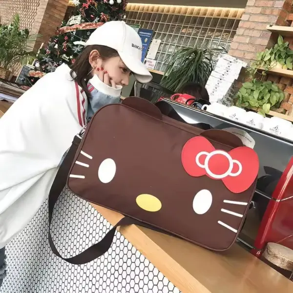 A person in a white cap with the Cute Cat-Themed Women's Travel Bag at a counter near a Christmas tree—perfect as an OEM ODM gift or accessory display.