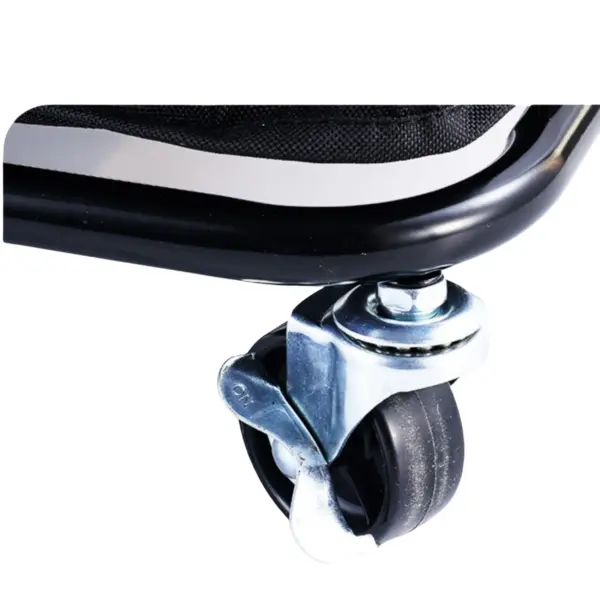 Close-up of a caster wheel attached to a metal frame on the Hotel-Style Wheeled Laundry Hamper, suitable for OEM or ODM customization.