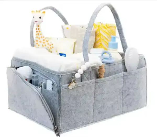 Multi-Compartment Felt Storage Tote filled with baby essentials, including a toy giraffe and bottles—ideal for OEM/ODM customization to meet your unique needs.