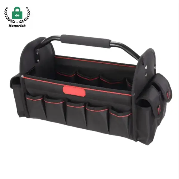 Multi-parçeya amûrek mezin a kapasîteyê Tote bag fabrîkek reş bi trim sor, pişkên derveyî pirjimar, û destwerdana birêkûpêk-bêkêmasî ji bo xweşkirina OEM / ODM.