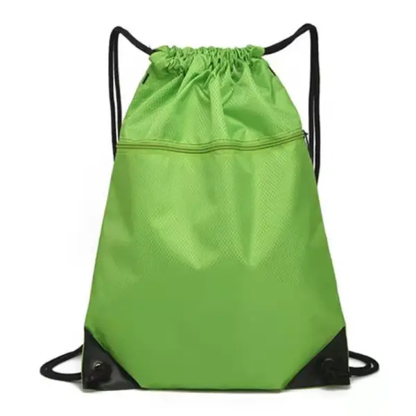 The Basketball Court Waterproof Polyester Drawstring Backpack features a bright green design, black corner drawstrings, and a front zippered pocket for added convenience.
