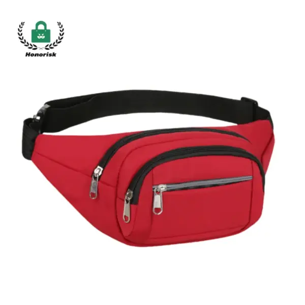 بسته کمر ورزشی مینیمالیستی 3-Commountment به رنگ قرمز با تسمه قابل تنظیم سیاه و سه جیب زیپ دار, در پس زمینه سفید نشان داده شده است. سفارشی سازی OEM و ODM برای نیازهای برند شما در دسترس است.