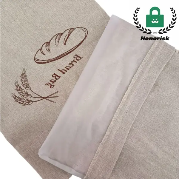Cotton Bread Drawstring Shopping Bag in beige with bread and wheat design, shown next to a folded cloth and featuring an Honorisk logo. OEM/ODM custom branding available.