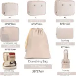 बिजनेस ट्रैवल वॉटरप्रूफ स्टोरेज सेट में कपड़े के आयोजन के लिए कई आकारों में बेज बैग लेबल किए गए बेज बैग शामिल हैं, जूते, अंडरवियर, मोज़े, और सौंदर्य प्रसाधन.