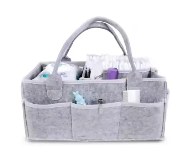 Multi-Compartment Felt Storage Tote holds baby essentials like diapers, lotion, and toys. Customize it with OEM and ODM options to meet your needs.