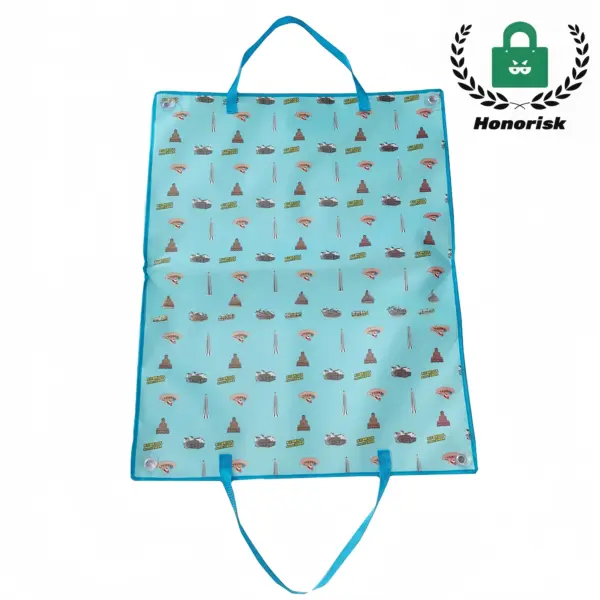 The Foldable Waterproof Picnic Bag with Buckle Closure features blue travel-themed icons, blue handles, and the Honorisk logo in the top right corner—available for OEM/ODM customization.