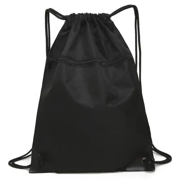 The Basketball Court Waterproof Polyester Drawstring Backpack features a front zipper pocket and thin shoulder straps, ideal for OEM or ODM customization.