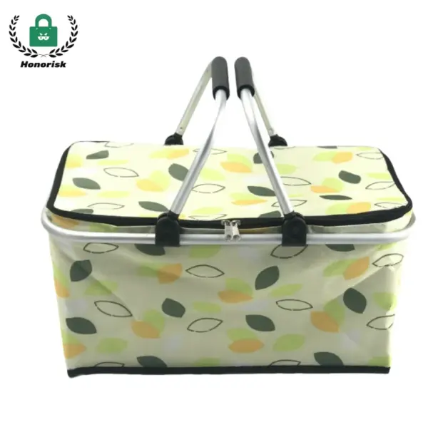 ಎಲೆಗಳ ಮಾದರಿಯೊಂದಿಗೆ ಹೊಸ ವಿನ್ಯಾಸ ಇನ್ಸುಲೇಟೆಡ್ ಪಿಕ್ನಿಕ್ ಟೊಟೆ, ಎರಡು ಲೋಹದ ಹ್ಯಾಂಡಲ್‌ಗಳು, ಮತ್ತು ipp ಿಪ್ಪರ್ಡ್ ಮುಚ್ಚಳ -ಒಇಎಂ/ಒಡಿಎಂ ಆದೇಶಗಳಿಗಾಗಿ ಗ್ರಾಹಕ.