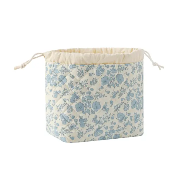 Cotton Drawstring Toiletry Bag featuring a blue floral pattern, available for OEM and ODM customization.