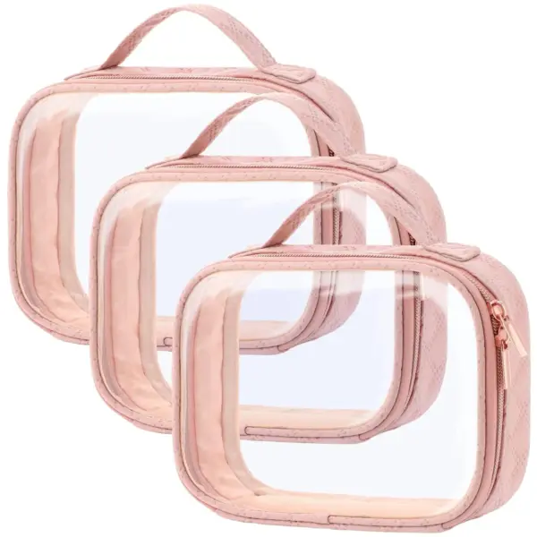 Three pink, square PVC Transparent Waterproof Makeup Bags with handles, arranged in a row and slightly overlapping—ideal for OEM ODM customization.
