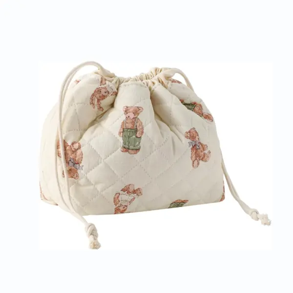 Cotton Drawstring Toiletry Bag in beige with teddy bear prints on white, available for OEM and ODM customization.