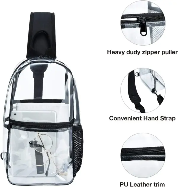 Fesyen Beg Crossbody Telus PVC dengan Trim Hitam, ditunjukkan gelas dan tablet; rapat rapat menyerlahkan zip, Tali, dan memangkas perincian untuk melihat yang bergaya.