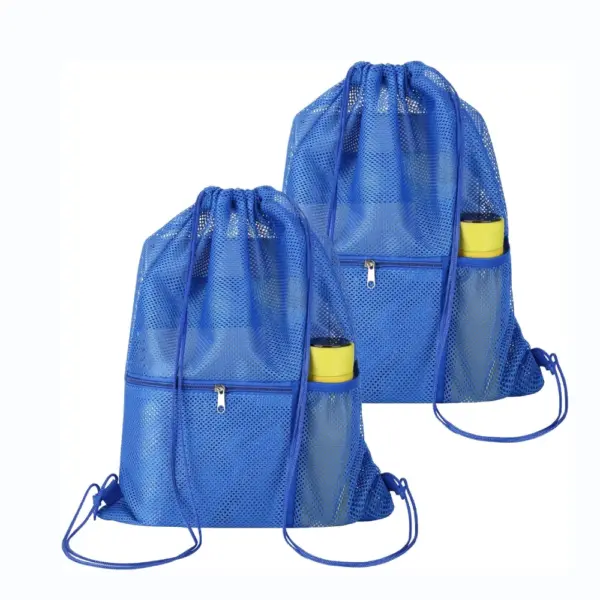 Two Portable Mesh Drawstring Backpacks in blue, each with a front zipper pocket and a yellow bottle in the side pocket. OEM and ODM services available for custom branding.