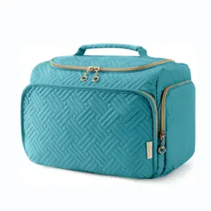 Travel Cosmetic Makeup Bags in teal with quilted design, gold zippers, top handle, and multiple compartments—OEM/ODM customization available.