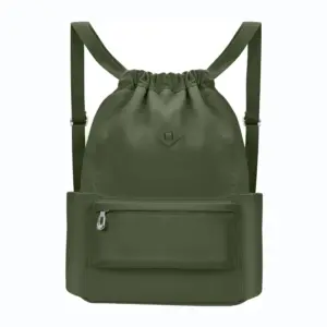 Waterproof Oxford Sports Backpack with compartments in olive green, featuring a drawstring closure, front zipper pocket, and side pockets. Shown on white background. OEM and ODM services available for custom branding and design.