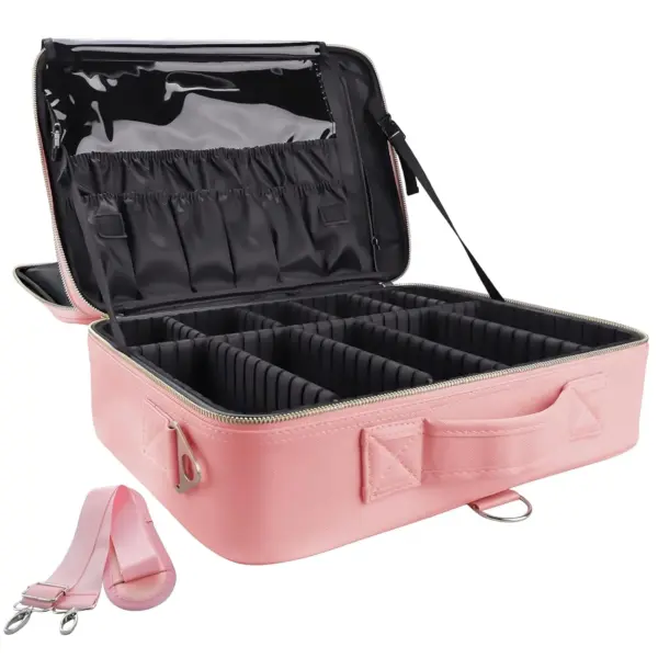 Ang propesyonal na multi-kompartimento na makeup bag na may mga tampok na strap ng balikat ay nababagay na mga divider, Isang hawakan, Panloob na bulsa, at maluwang na compartment. Magagamit sa Pink na may mga pagpipilian sa pagpapasadya ng OEM at ODM.