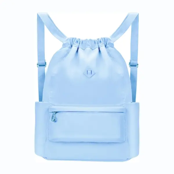 Ransel Sukan Oxford Kalis air dengan petak berwarna biru muda, Menampilkan tali laras, poket zip depan, dan poket sampingan, ditunjukkan pada latar belakang putih.