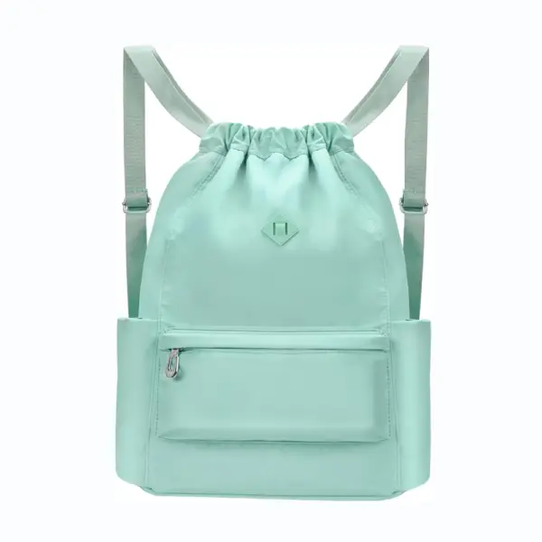 Ransel Sukan Oxford Waterproof dengan Kompartmen di Teal Cahaya Ciri -ciri Poket Zip Depan dan Tali Bahu Laras, dipaparkan pada latar belakang putih. Pilihan OEM/ODM tersedia untuk penjenamaan atau pembelian pukal yang disesuaikan.