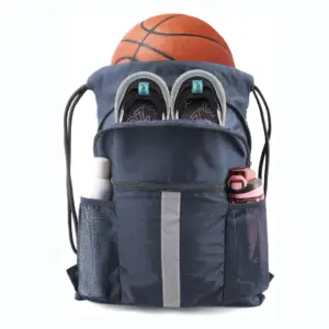 The Nylon Large-Capacity Basketball Drawstring Backpack holds a basketball, shoes, water bottles, and has side pockets for shaker bottles.