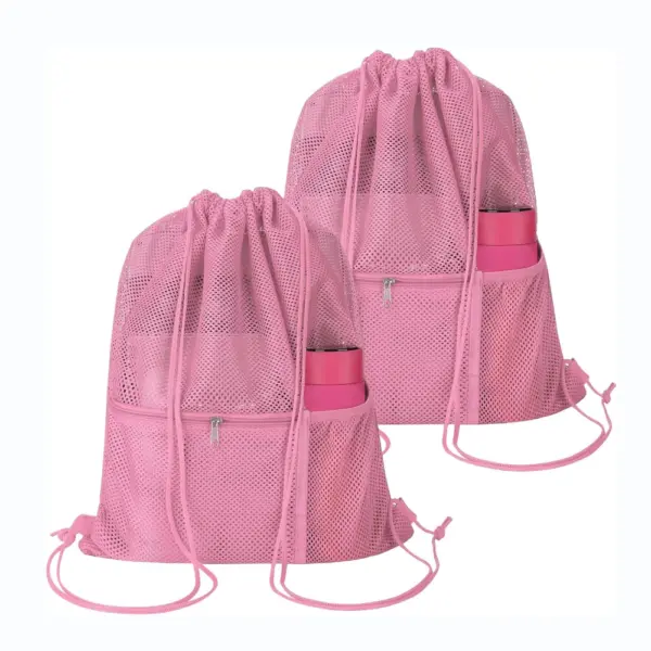 Two Portable Mesh Drawstring Backpacks in pink, featuring side pockets and front zippers, displayed on a white background. OEM/ODM options available for custom branding and design.