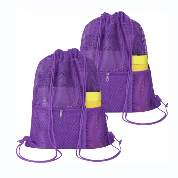 Two Portable Mesh Drawstring Backpacks with front zippers and yellow cups in side pockets, available for OEM or ODM customization.