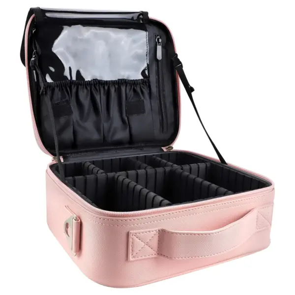 Propesyonal na multi-kompartimento na makeup bag na may strap ng balikat sa rosas, Nagtatampok ng adjustable black divider, panloob na bulsa, at isang bukas na takip na nagpapakita ng mga compartment. Magagamit ang mga napapasadyang disenyo ng OEM at ODM.