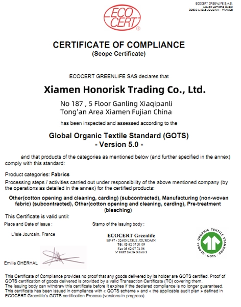 Certificate confirming Xiamen Honorisk Trading Co., Ltd. is GOTS 5.0 compliant, issued by Ecocert Greenlife, supporting both OEM and ODM services.