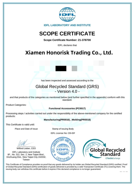 Certificate for Xiamen Honorisk Trading Co., Ltd., displaying Global Recycled Standard (GRS) certification details, supporting OEM ODM services.