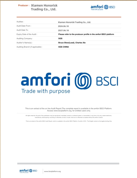A document showing an amfori BSCI audit summary for Xiamen Honorisk Trading Co., Ltd., featuring company details and OEM ODM capabilities.