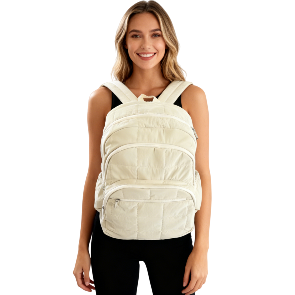 Side view of the backpack showing its slim profile and quilted texture.