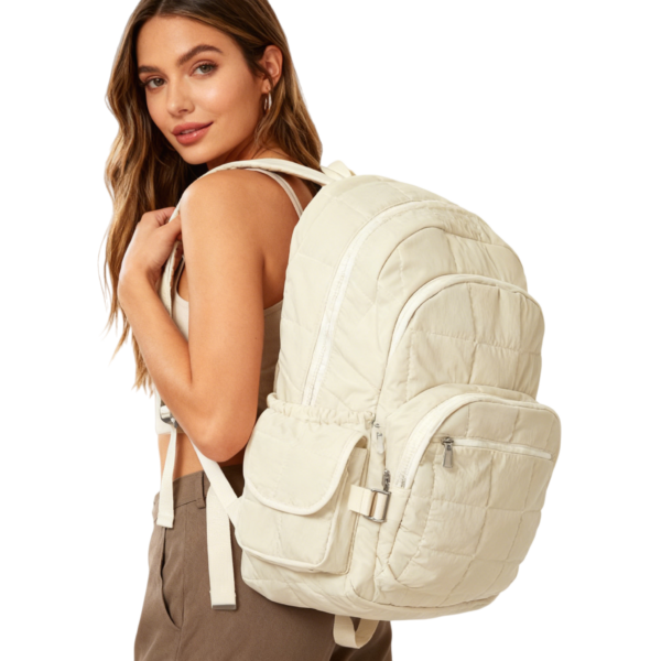 Beige Quilted Lightweight Commuter Backpack-10