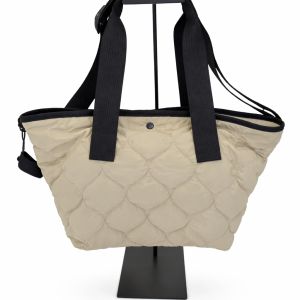 Custom quilted tote bag with padded fabric and webbing handles for daily use